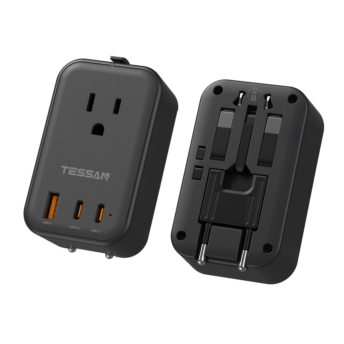 TESSAN international power adapter front view, ideal for global travel.