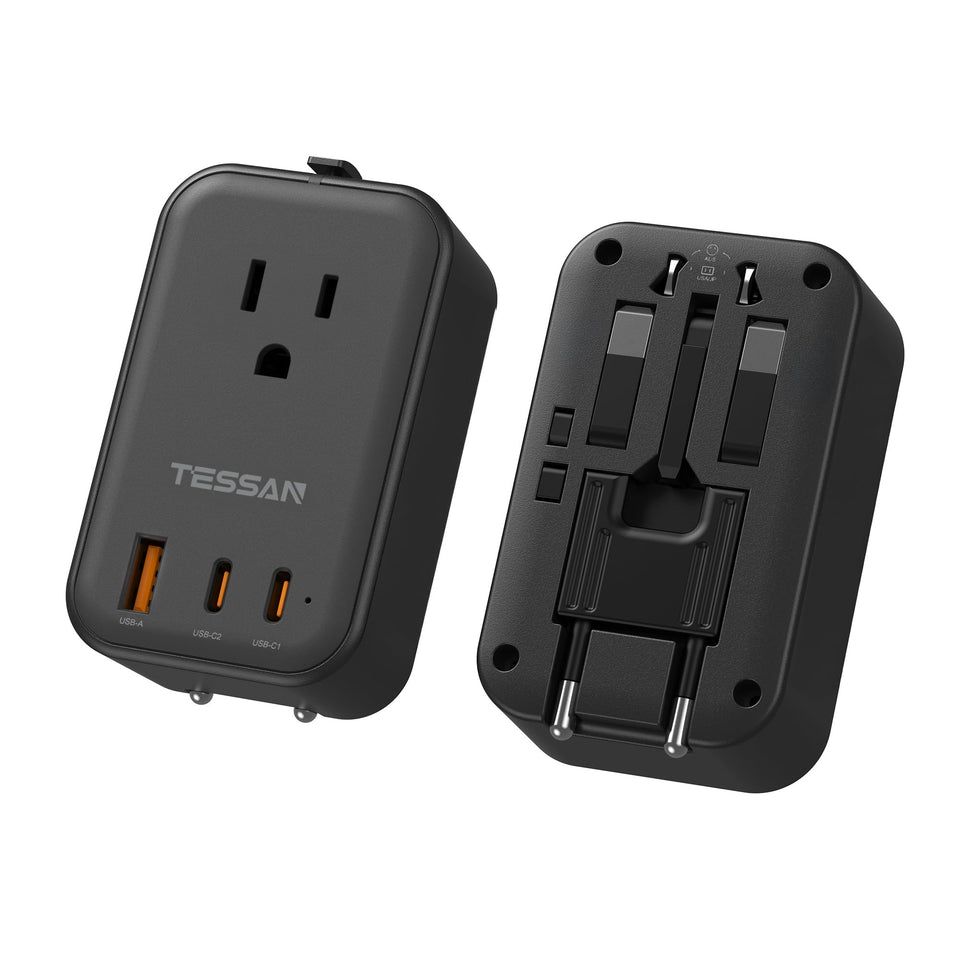 TESSAN international power adapter front view, ideal for global travel.