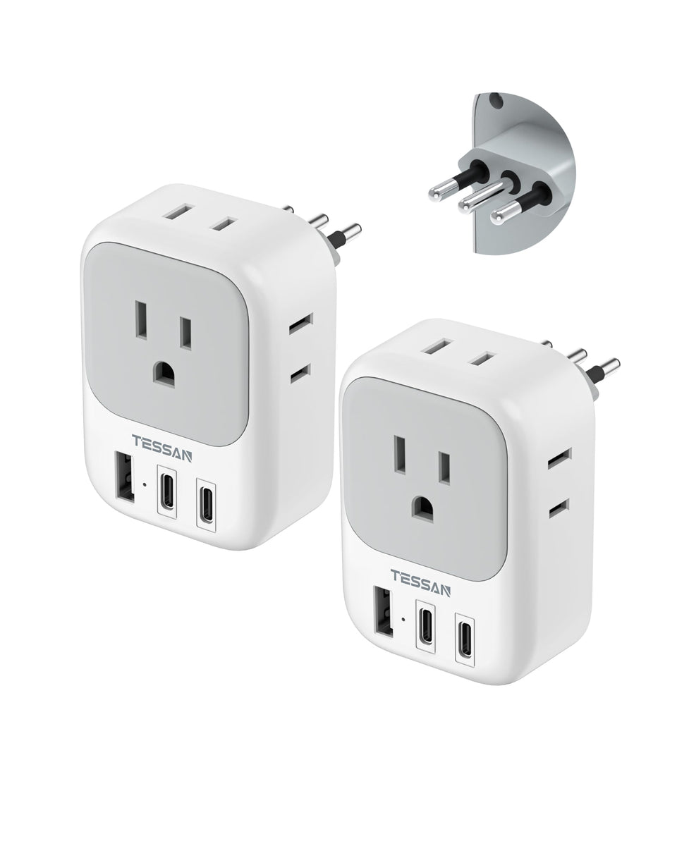 TESSAN Italy travel plug adapter 2-pack with four outlets and USB-C for simultaneous charging.