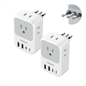 TESSAN Italy travel plug adapter showing four outlets and two USB-C ports for versatile charging.