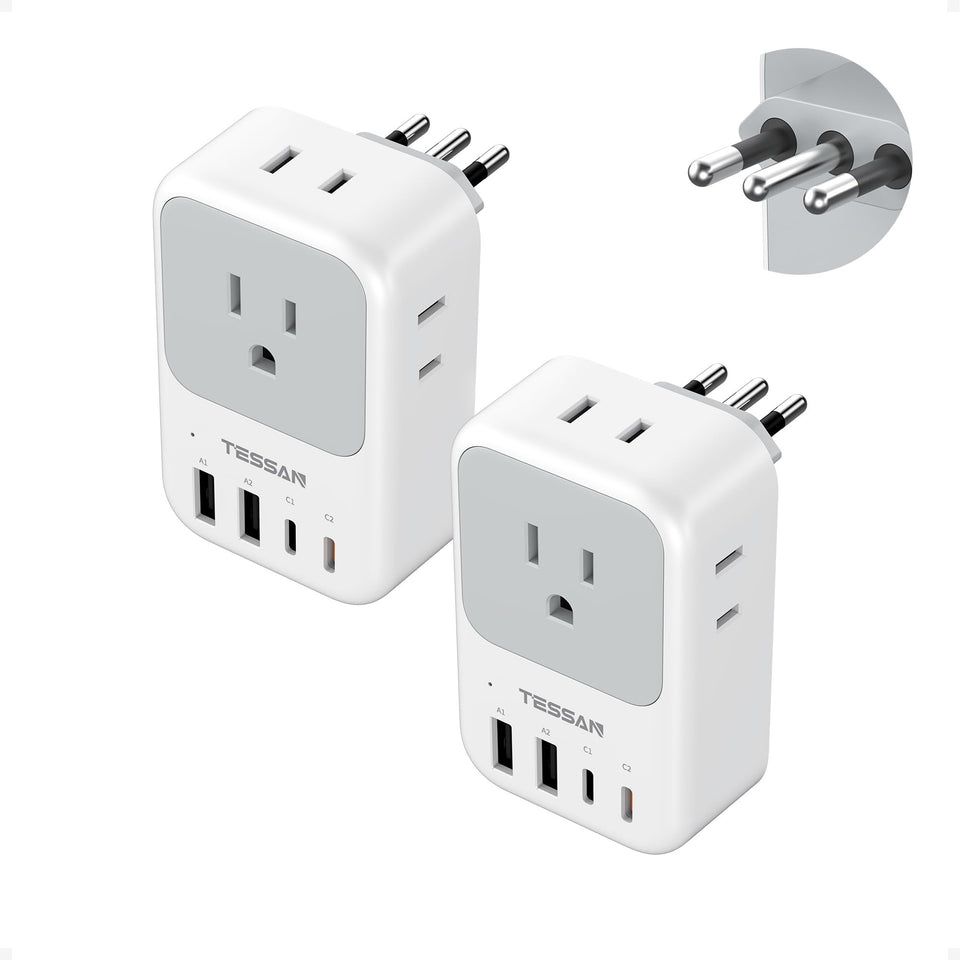 TESSAN Italy travel plug adapter showing four outlets and two USB-C ports for versatile charging.