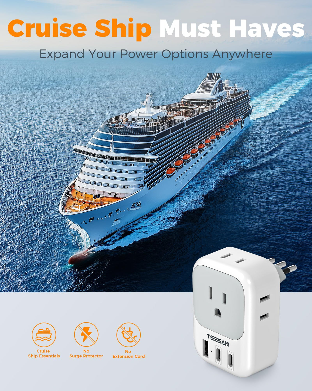 TESSAN Type L adapter ideal for travel in Rome and Milan with power access.
