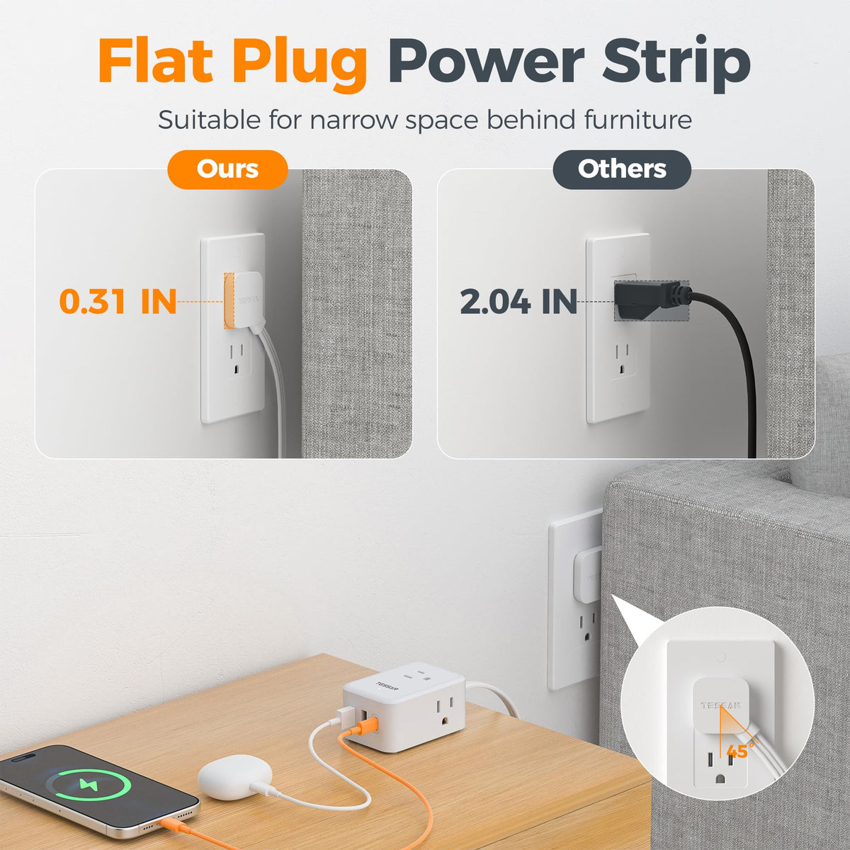 Mountable power strip installed under a desk for tidy cables