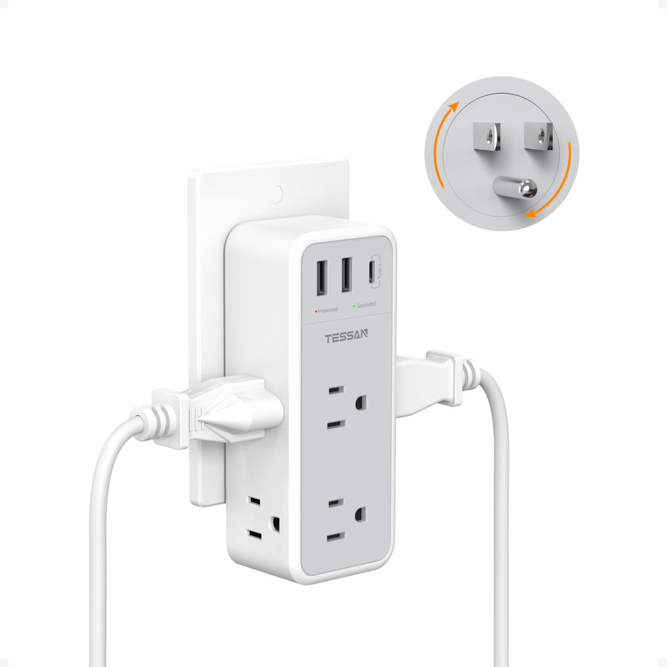 TESSAN 360° rotating outlet enables flexible arrangement for tight spaces.