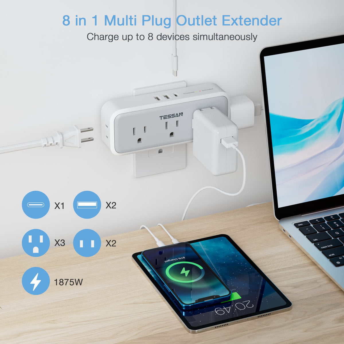 TESSAN multi plug outlet extender angled view highlighting multiple outlets
