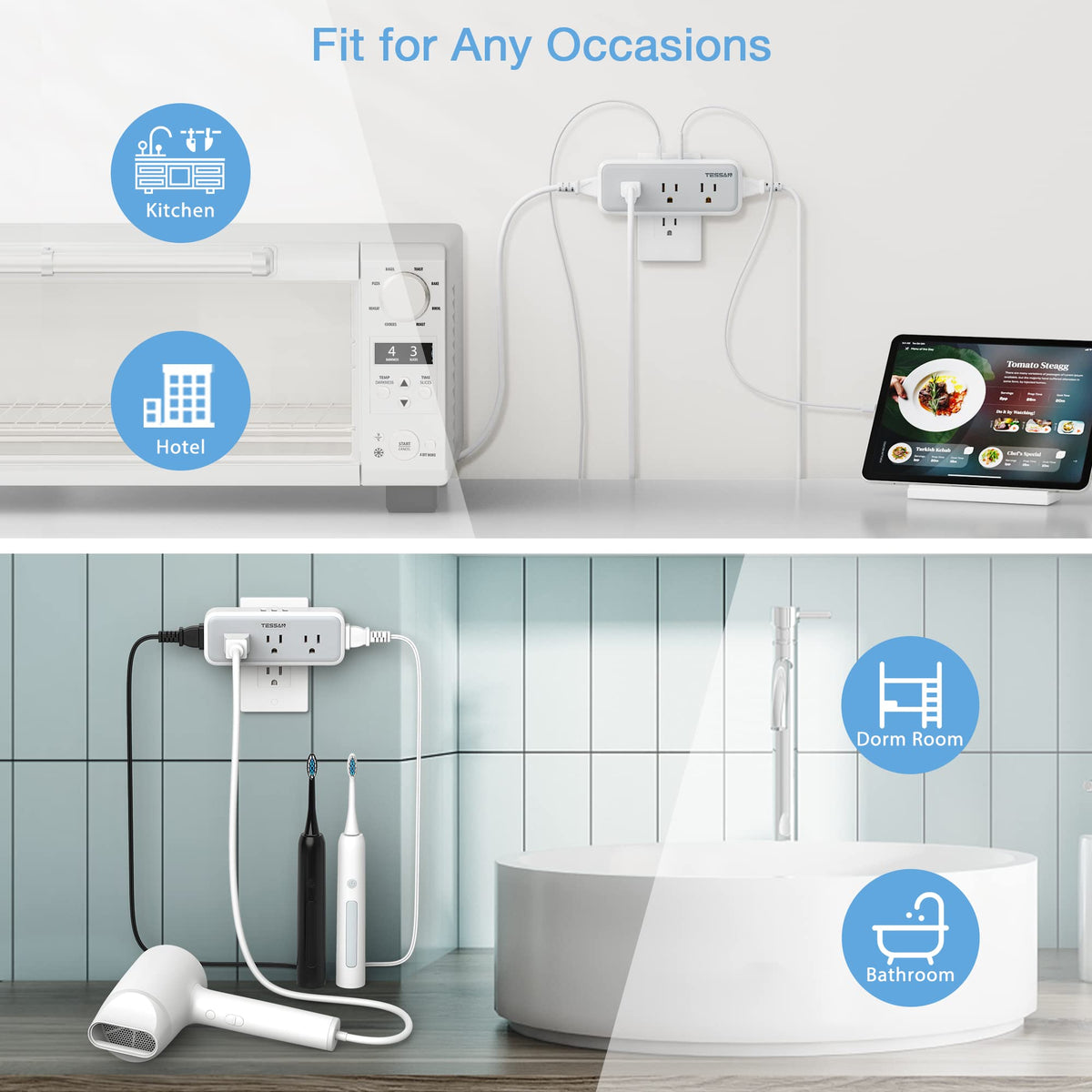 TESSAN dorm room setup with outlet extender powering devices neatly
