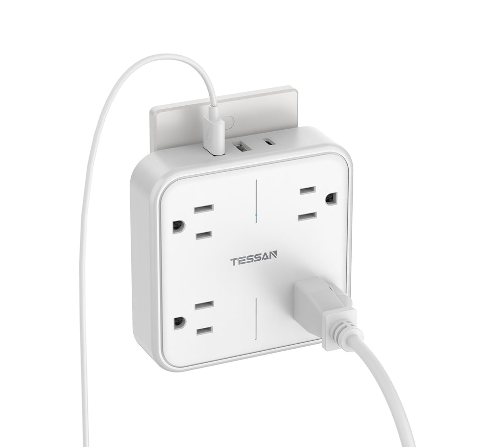 TESSAN multi plug outlet extender front view with four outlets and three USB ports for convenient charging