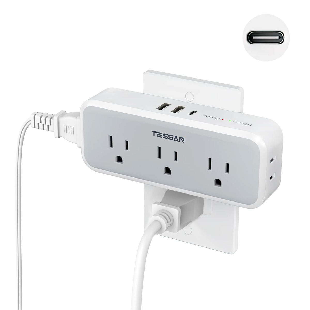 TESSAN multi plug outlet extender top view showing space-saving wall hub