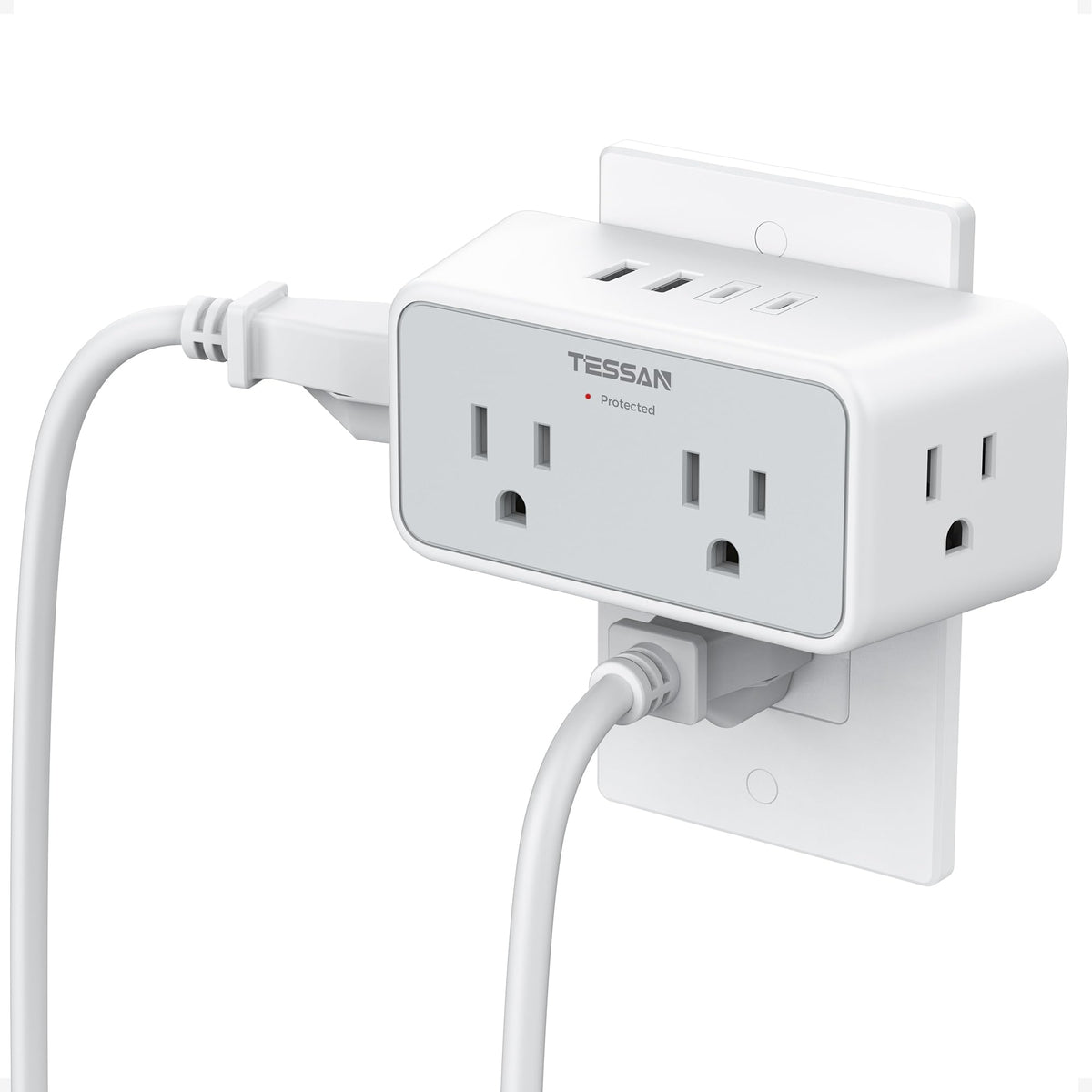 TESSAN multi plug outlet front view with four outlets and USB ports for convenient charging