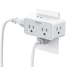 TESSAN multi plug outlet front view with four outlets and USB ports for convenient charging