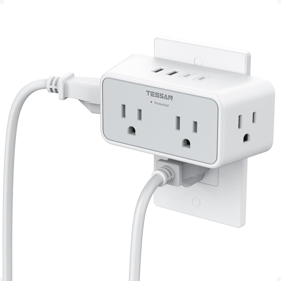 TESSAN multi plug outlet front view with four outlets and USB ports for convenient charging
