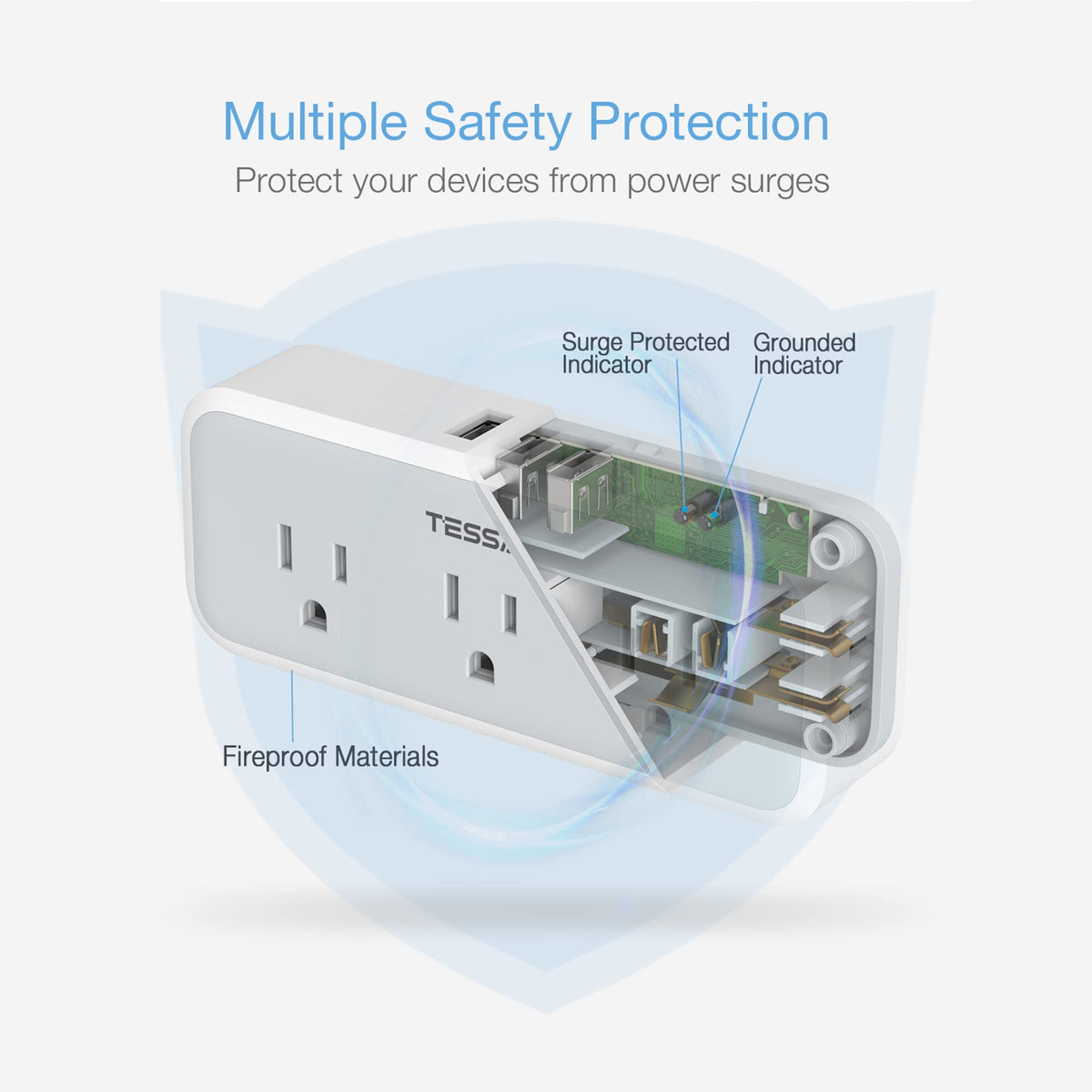TESSAN outlet extender close-up of USB-A and USB-C ports for charging
