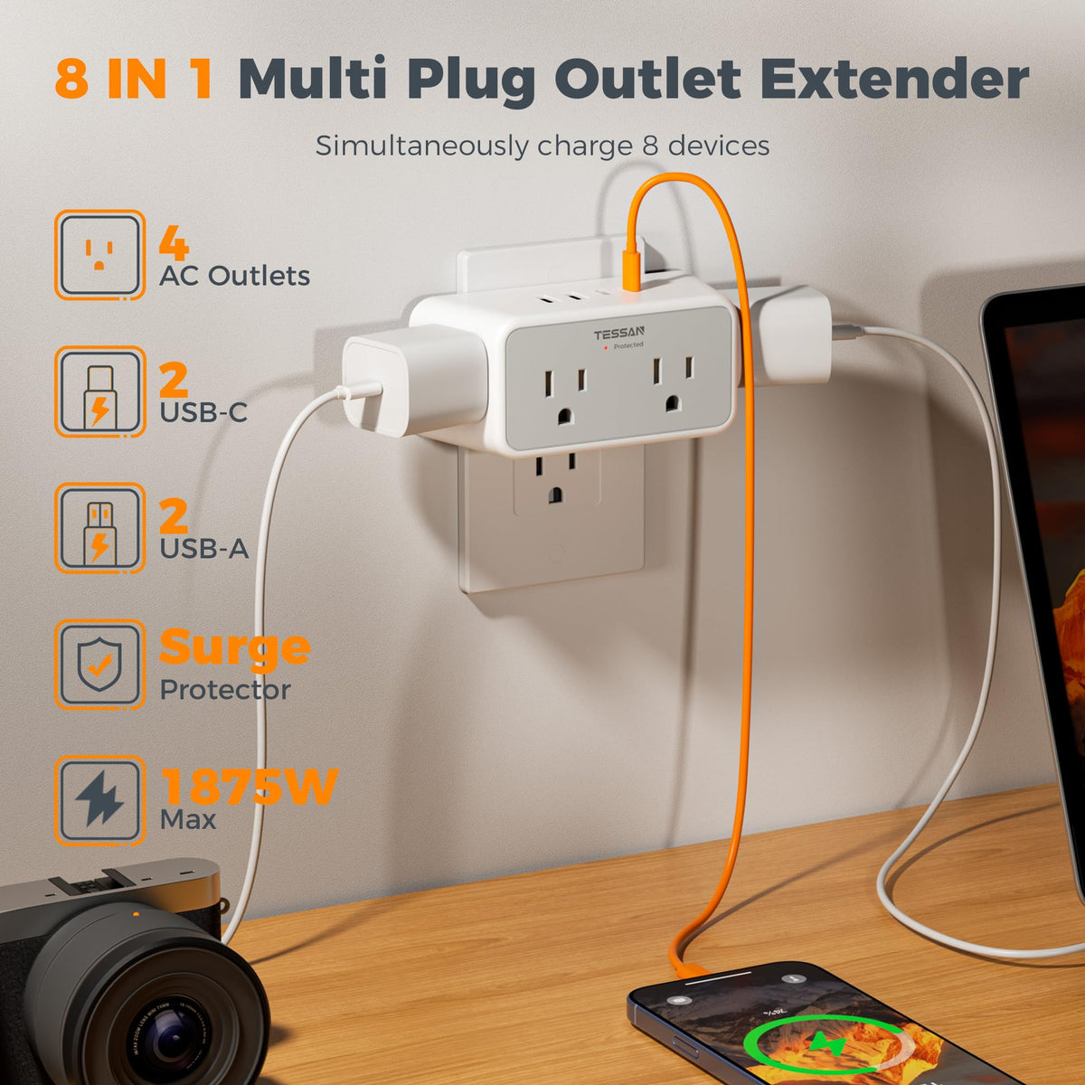 TESSAN outlet with three-side design maximizing space to fit large adapters