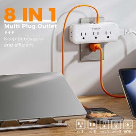 TESSAN multi-plug surge protector top view with five outlets and USB ports