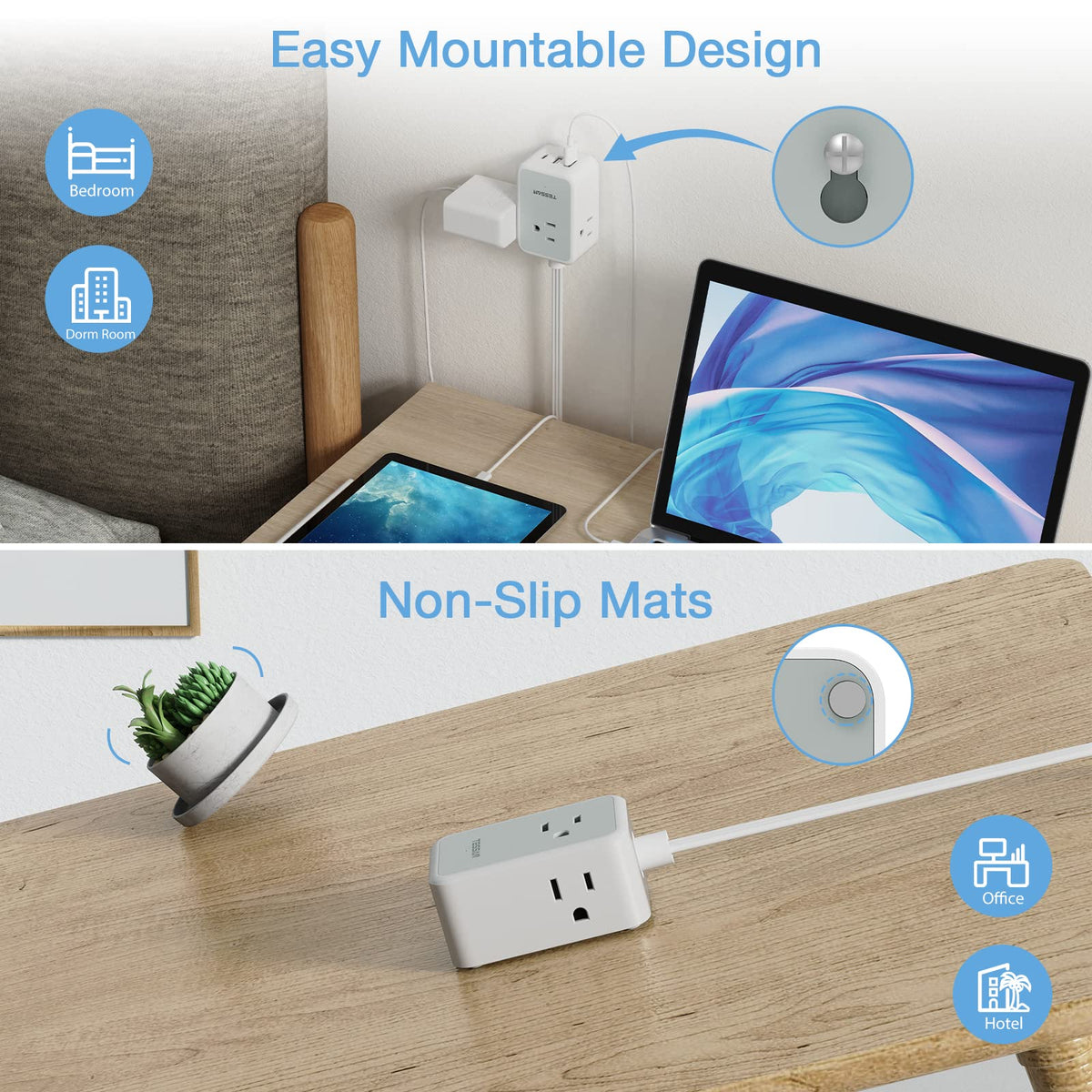 TESSAN non-slip bottom and mounting hole ensure secure desk placement