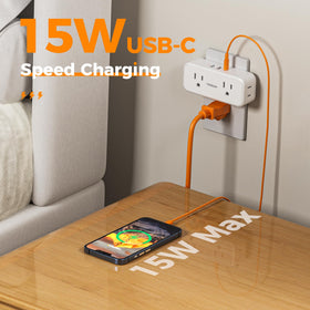 Widely spaced outlets prevent bulky adapters from blocking others