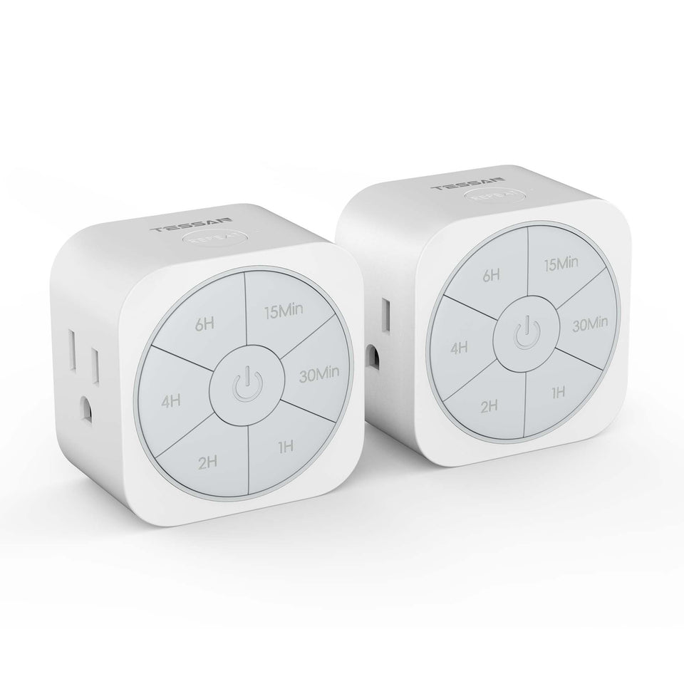 TESSAN outlet timer mounted on a socket demonstrates space-saving top-slot design.