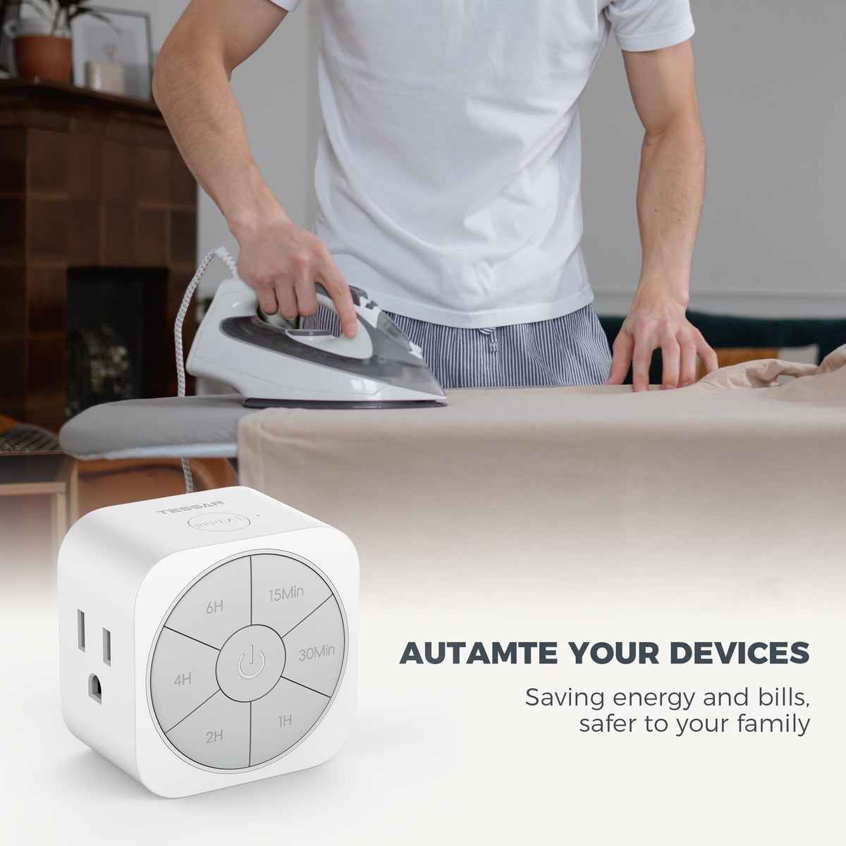 Compact timer beside other outlets, demonstrating non-blocking plug design.