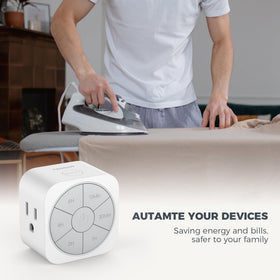 Compact timer beside other outlets, demonstrating non-blocking plug design.