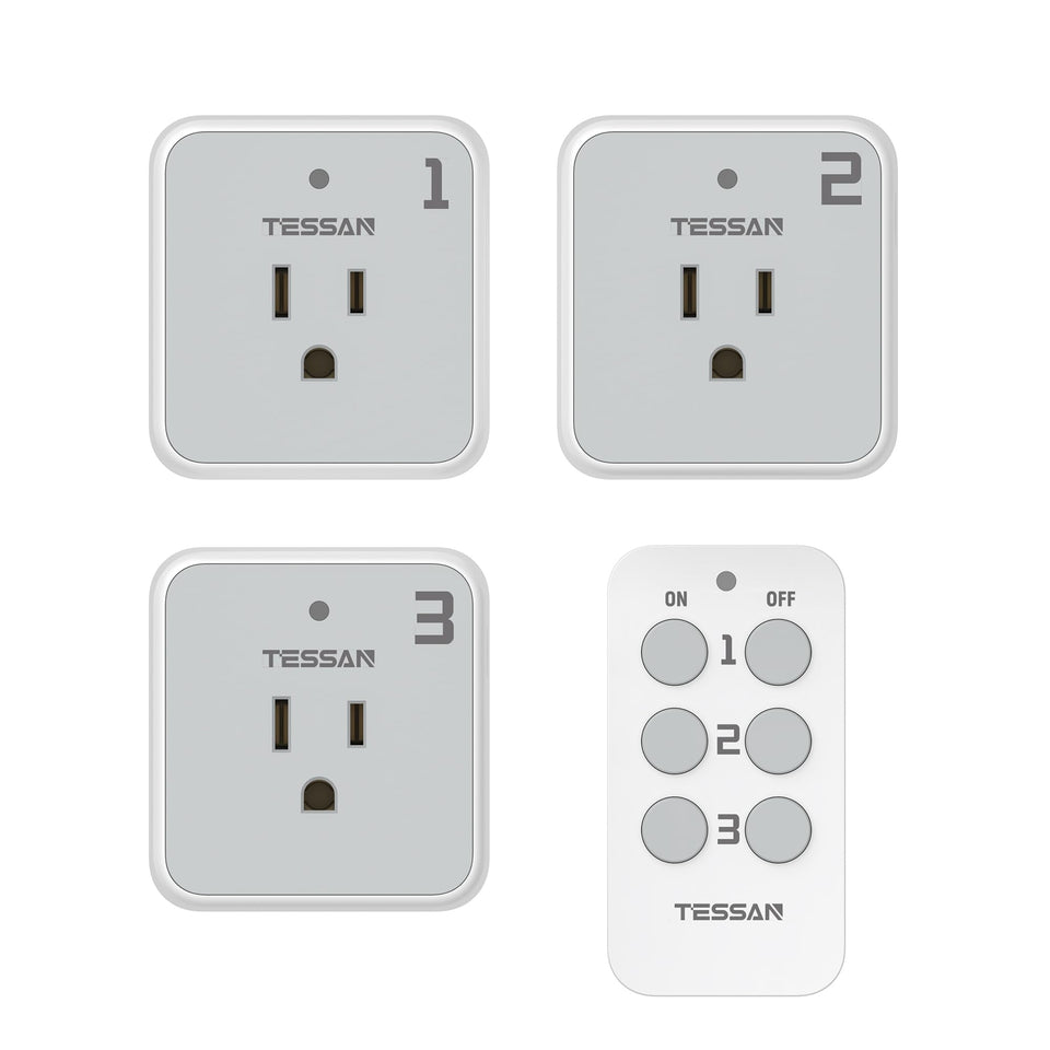 TESSAN remote-control outlet kit front view with 1 remote and 3 outlets