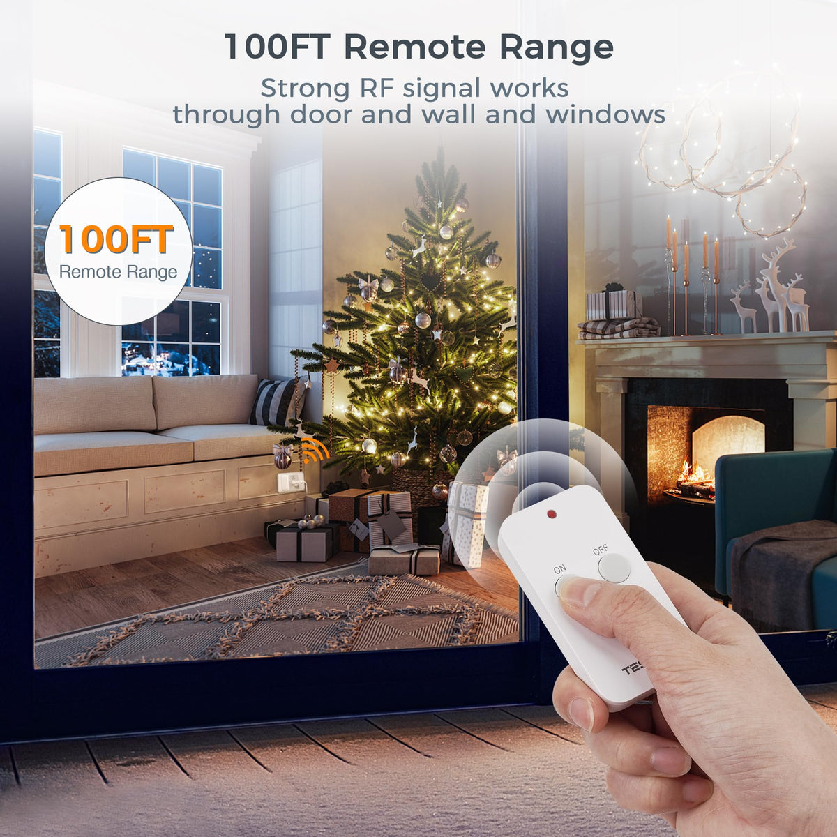 TESSAN remote control outlet remote in hand enabling easy bed-side use.