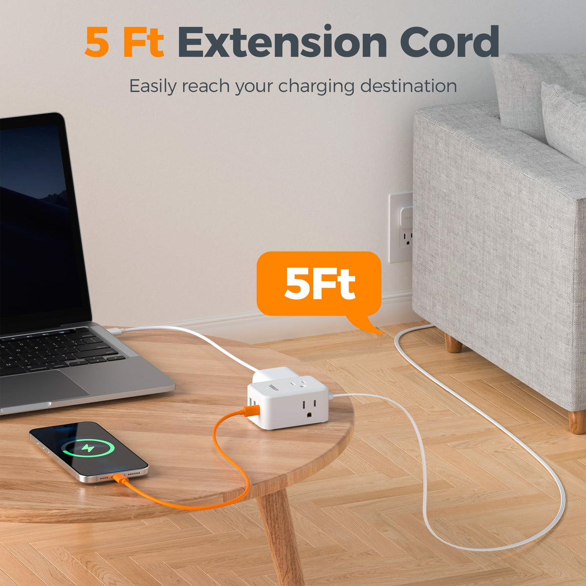 Power strip with rubber feet for stable placement on a desk