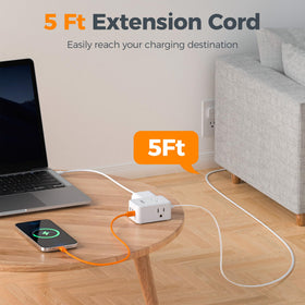 Power strip with rubber feet for stable placement on a desk