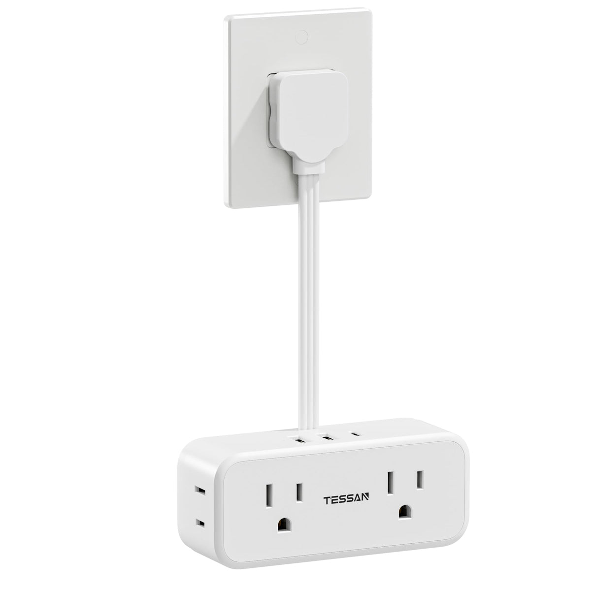 TESSAN short extension cord with flat plug keeps outlets accessible for compact spaces