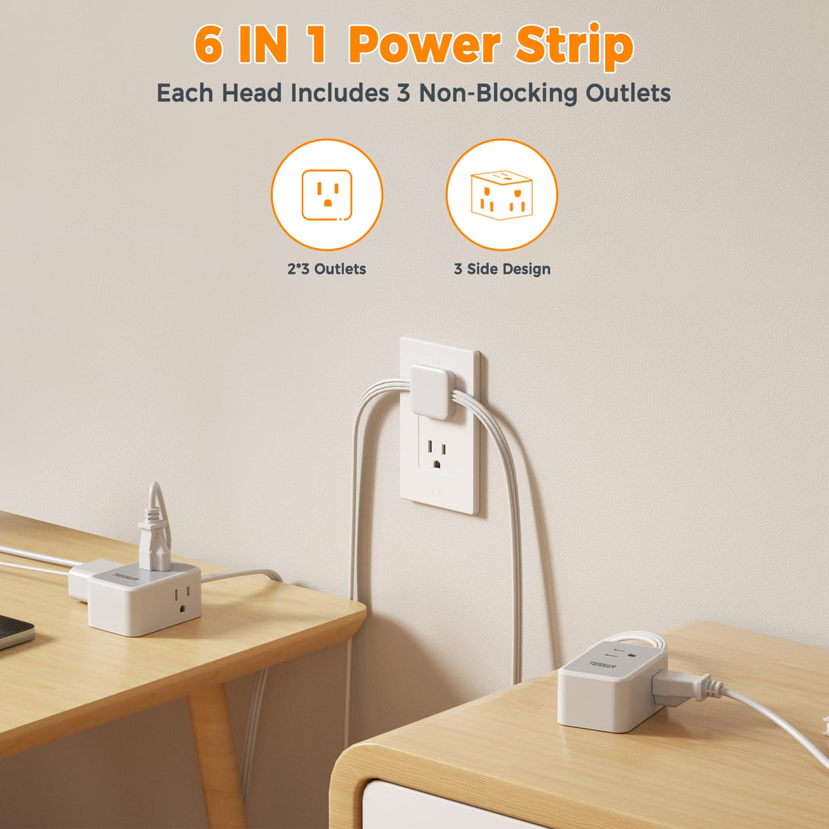 TESSAN six-foot ultra-slim extension cords on each end for flexible placement.