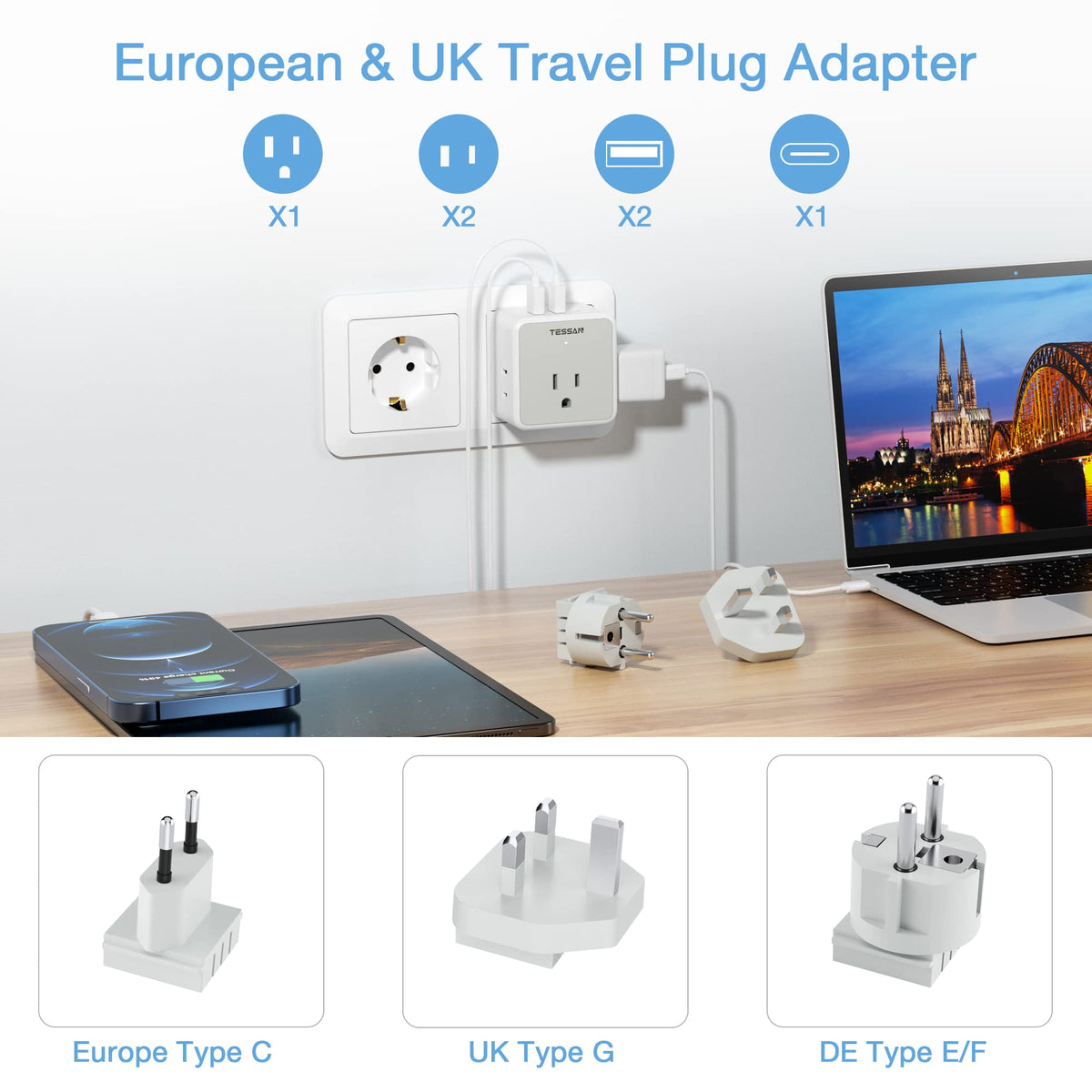 TESSAN six-in-one travel plug highlights multiple ports for devices.