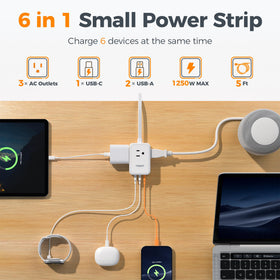 Six in one USB power strip with three USB ports and three AC outlets