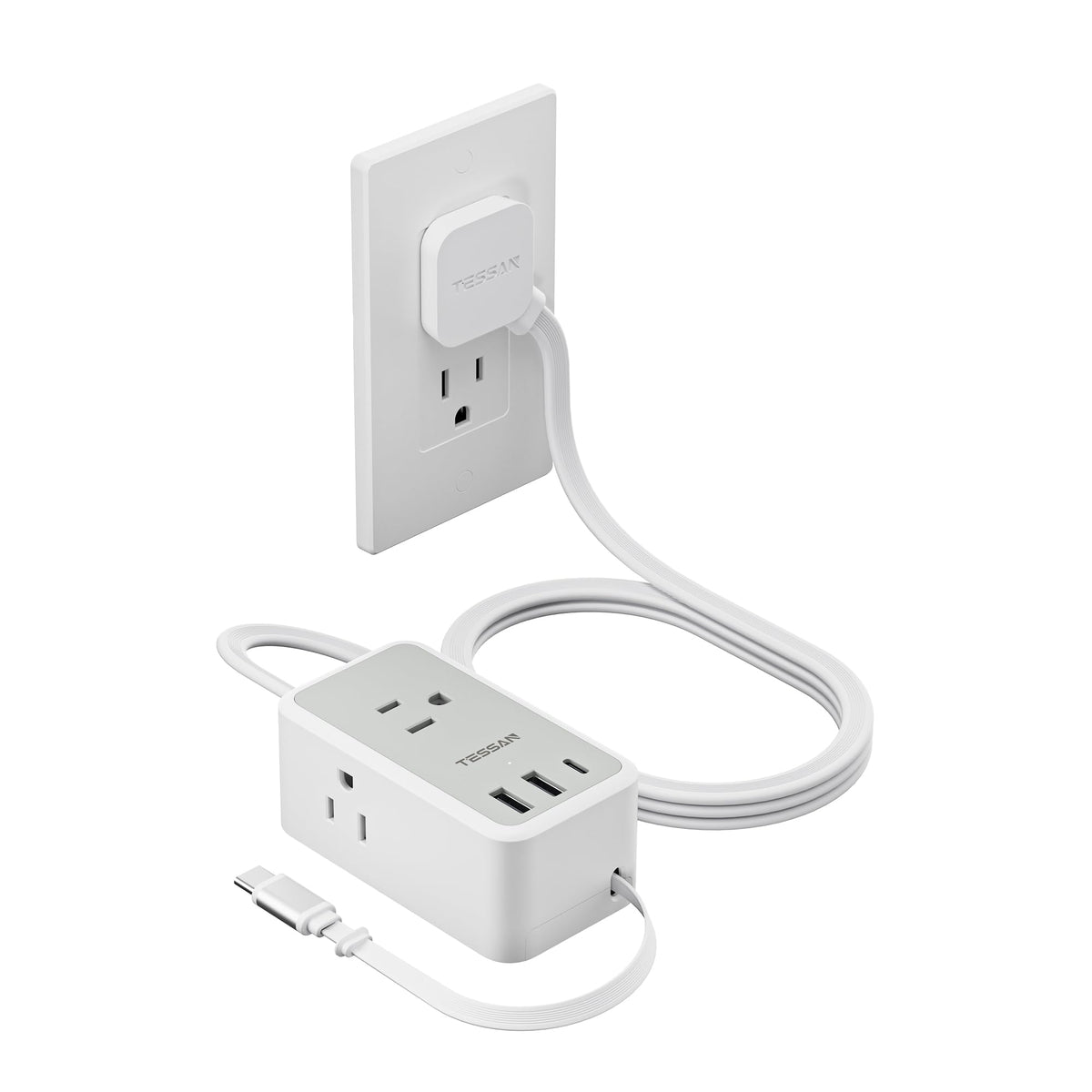 TESSAN small flat plug power strip with 3 AC outlets and 3 USB ports for multitasking charging