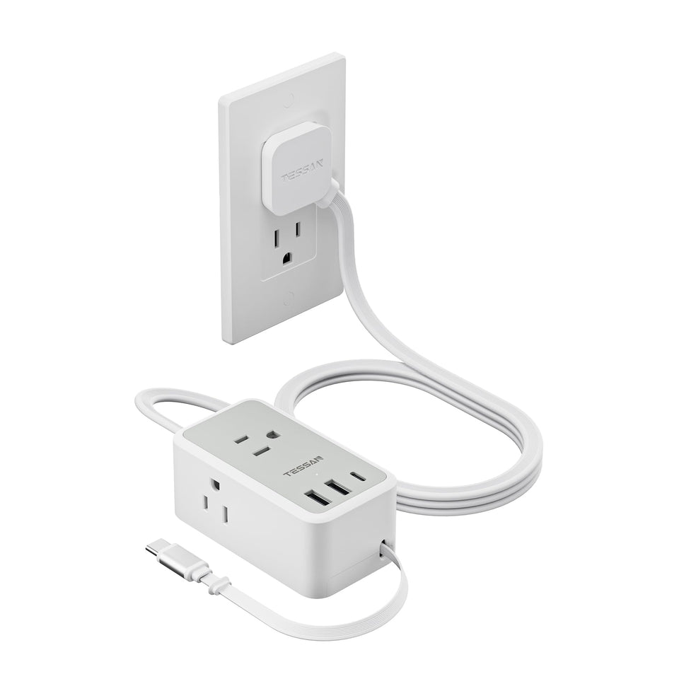 TESSAN small flat plug power strip with 3 AC outlets and 3 USB ports for multitasking charging