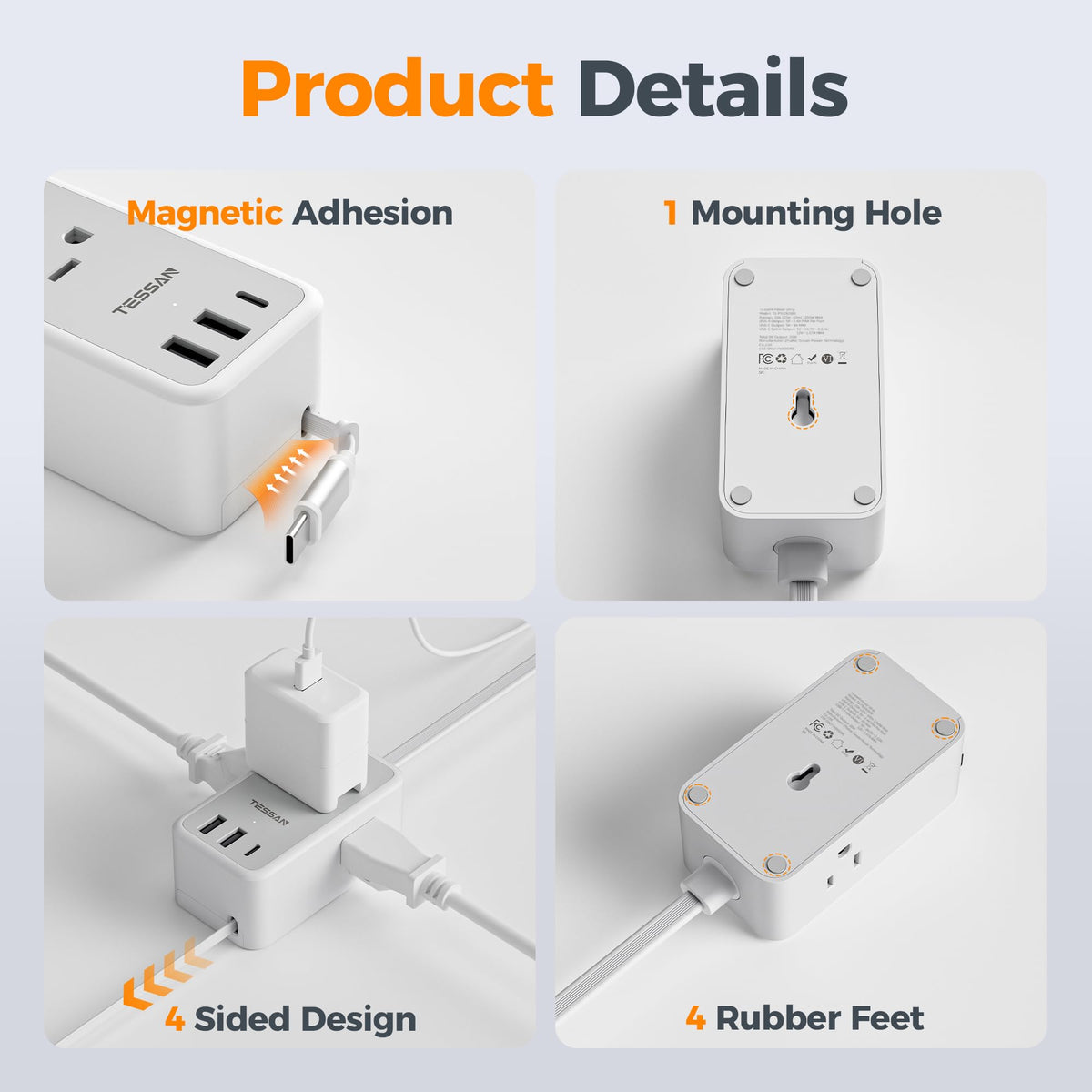 TESSAN anti-slip feet keep the power strip steady on a desk