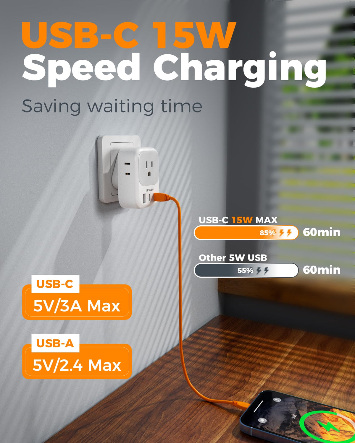 TESSAN USB-A port supports extra devices during long trips.