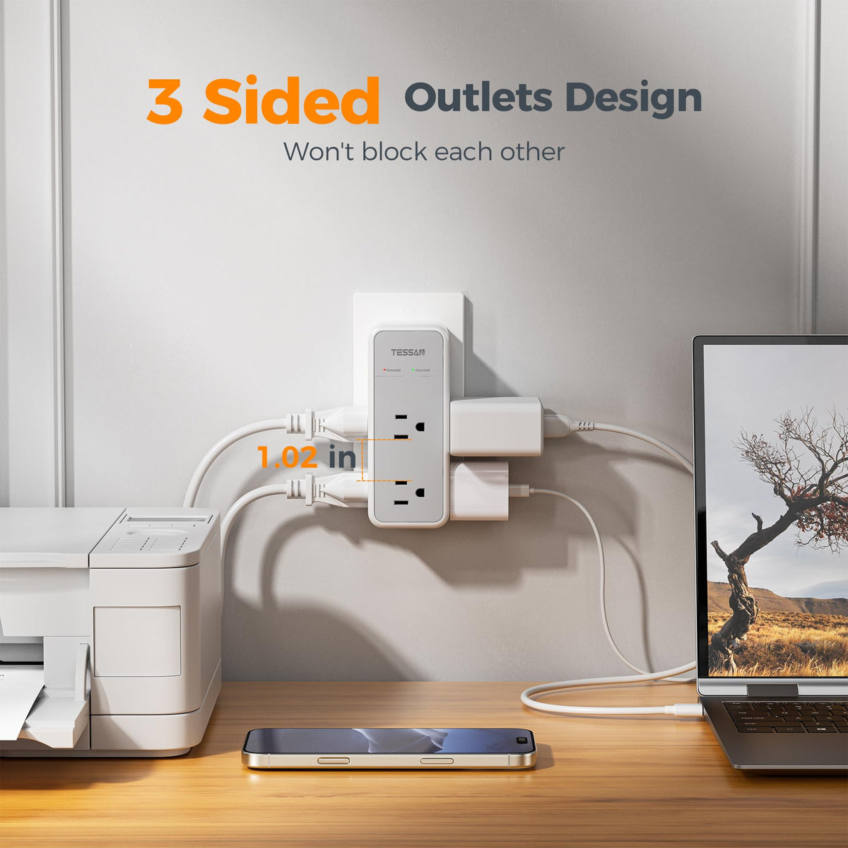 TESSAN compact wall plug extender shown behind furniture to save space.