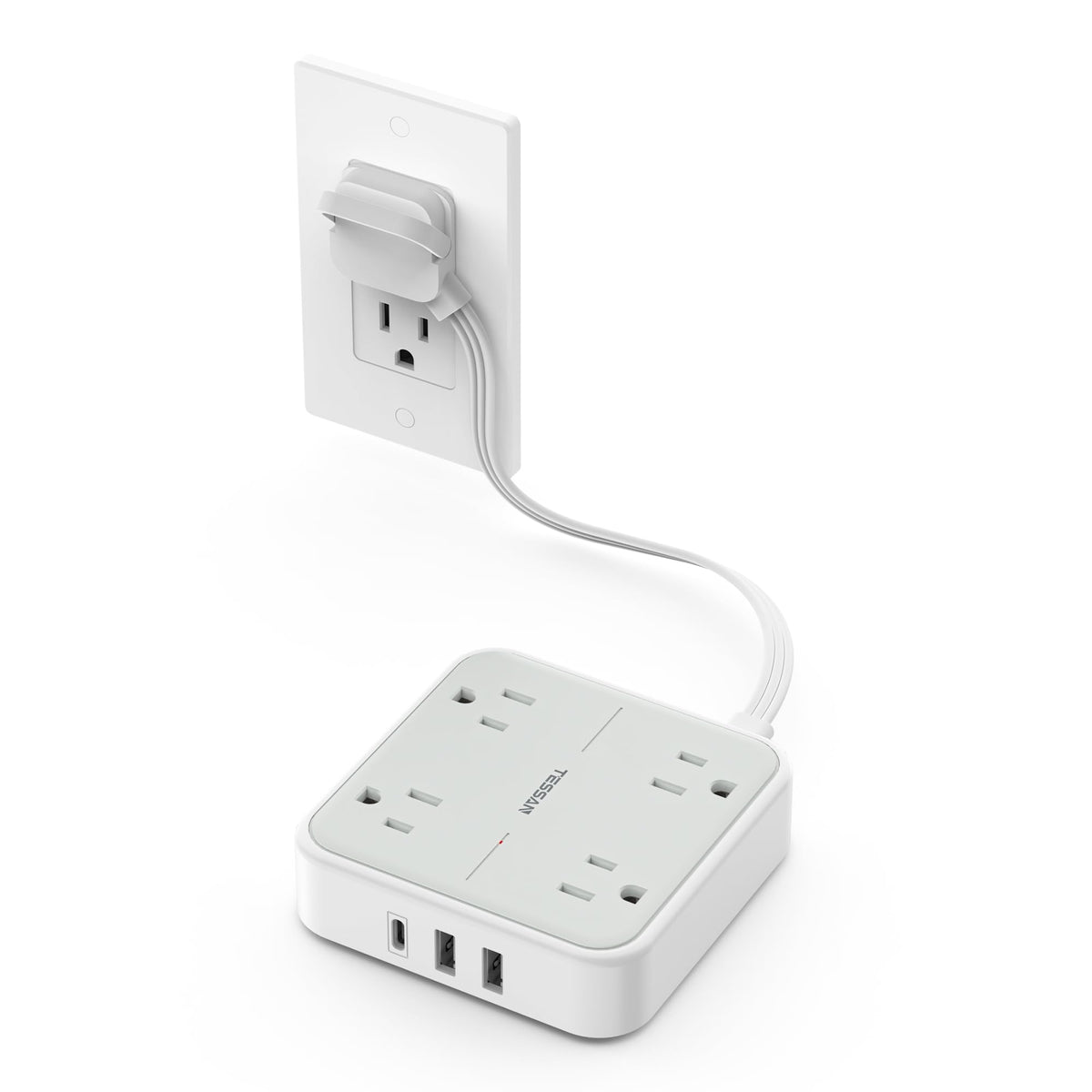 TESSAN surge protector flat extension 1ft front view showing space-saving behind a TV