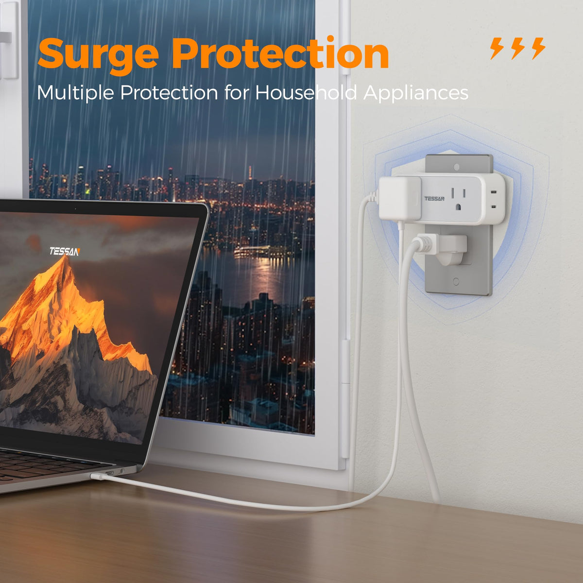 Space-saving design keeps top outlets accessible for big plugs.