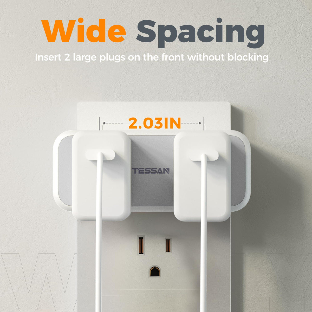 Three-sided outlets with spacing fit multiple devices without crowding.