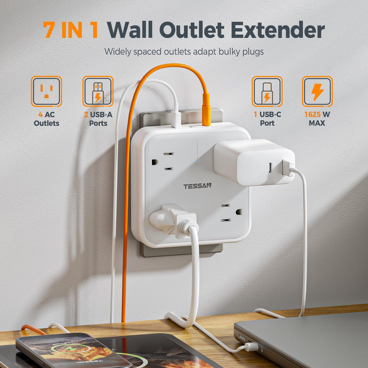 TESSAN surge protector guards electronics from power spikes.