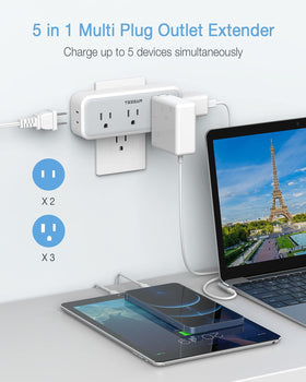 TESSAN surge protector wall plug shows 125V 15A protection for electronics.
