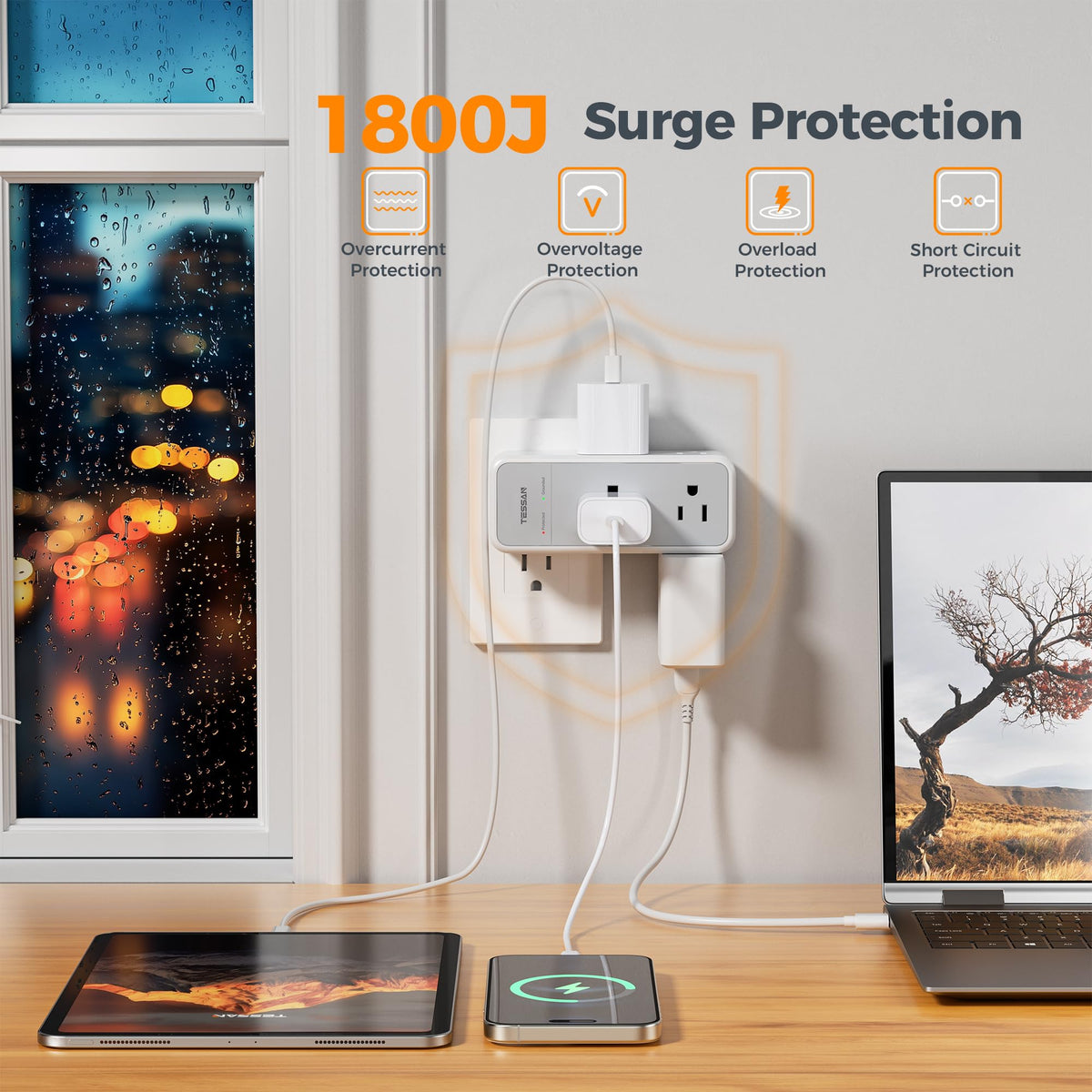 TESSAN three-sided outlet design with wide spacing fits large adapters without blocking.