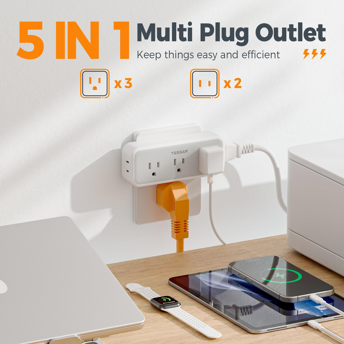 TESSAN three-sided outlet design prevents plug blocking on a compact wall setup.
