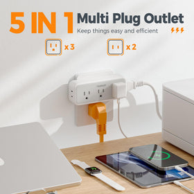 TESSAN three-sided outlet design prevents plug blocking on a compact wall setup.
