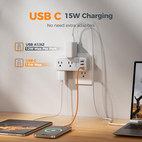 TESSAN three-sided outlet layout fits crowded walls without blocking.