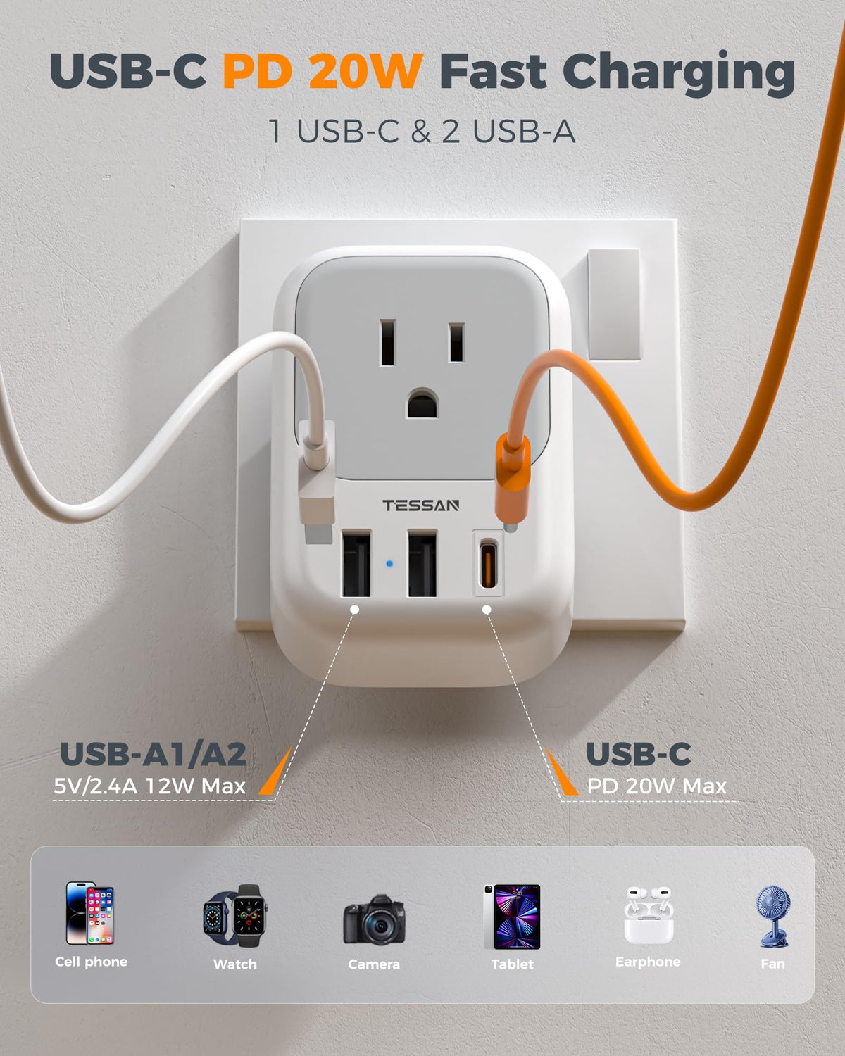 TESSAN lightweight travel adapter in a compact design for pocket-friendly travel.