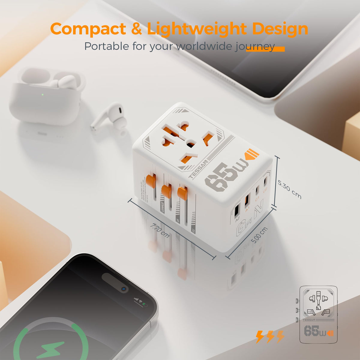 TESSAN travel adapter features double fuse safety for secure travel.