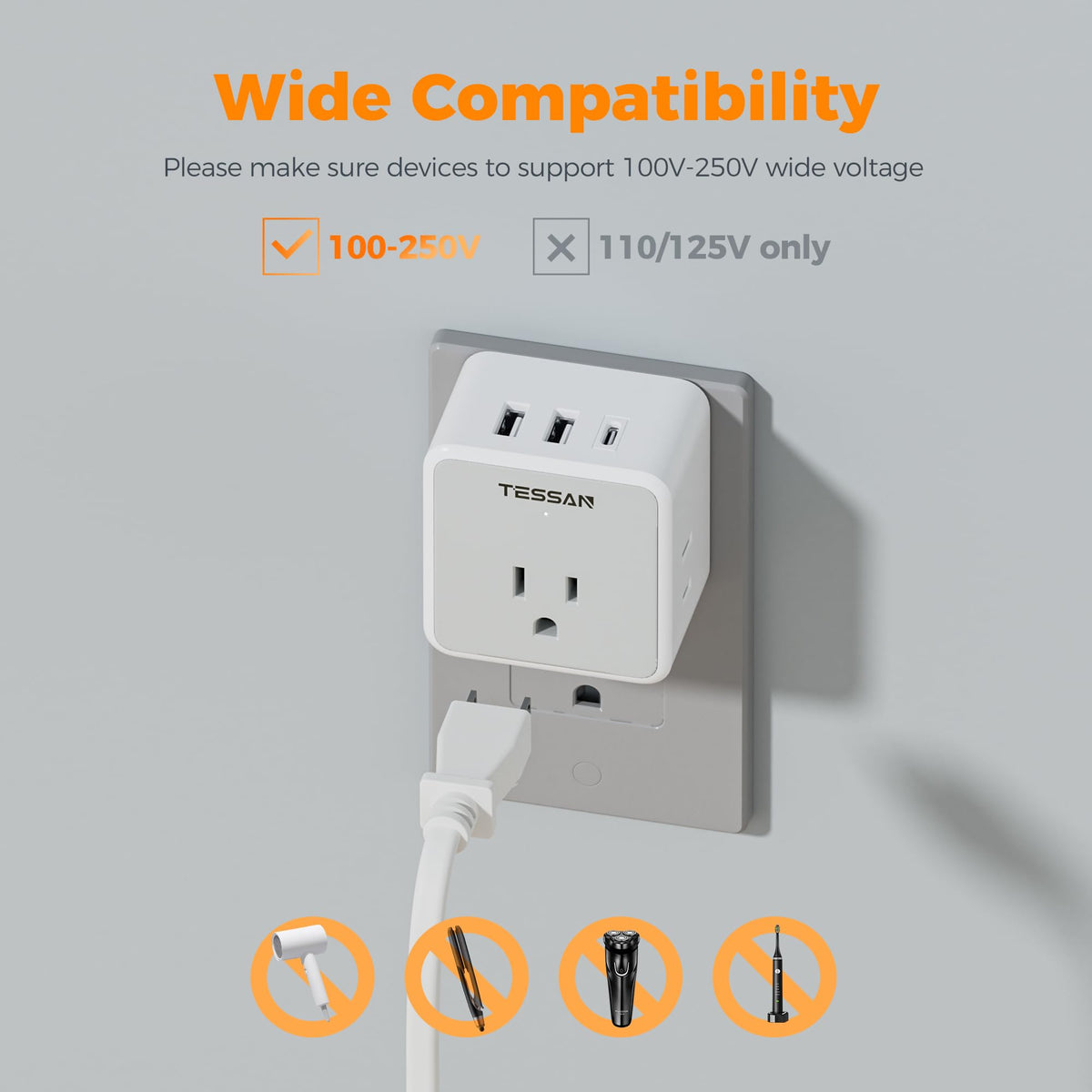 TESSAN travel adapter with USB ports visible for quick charging.