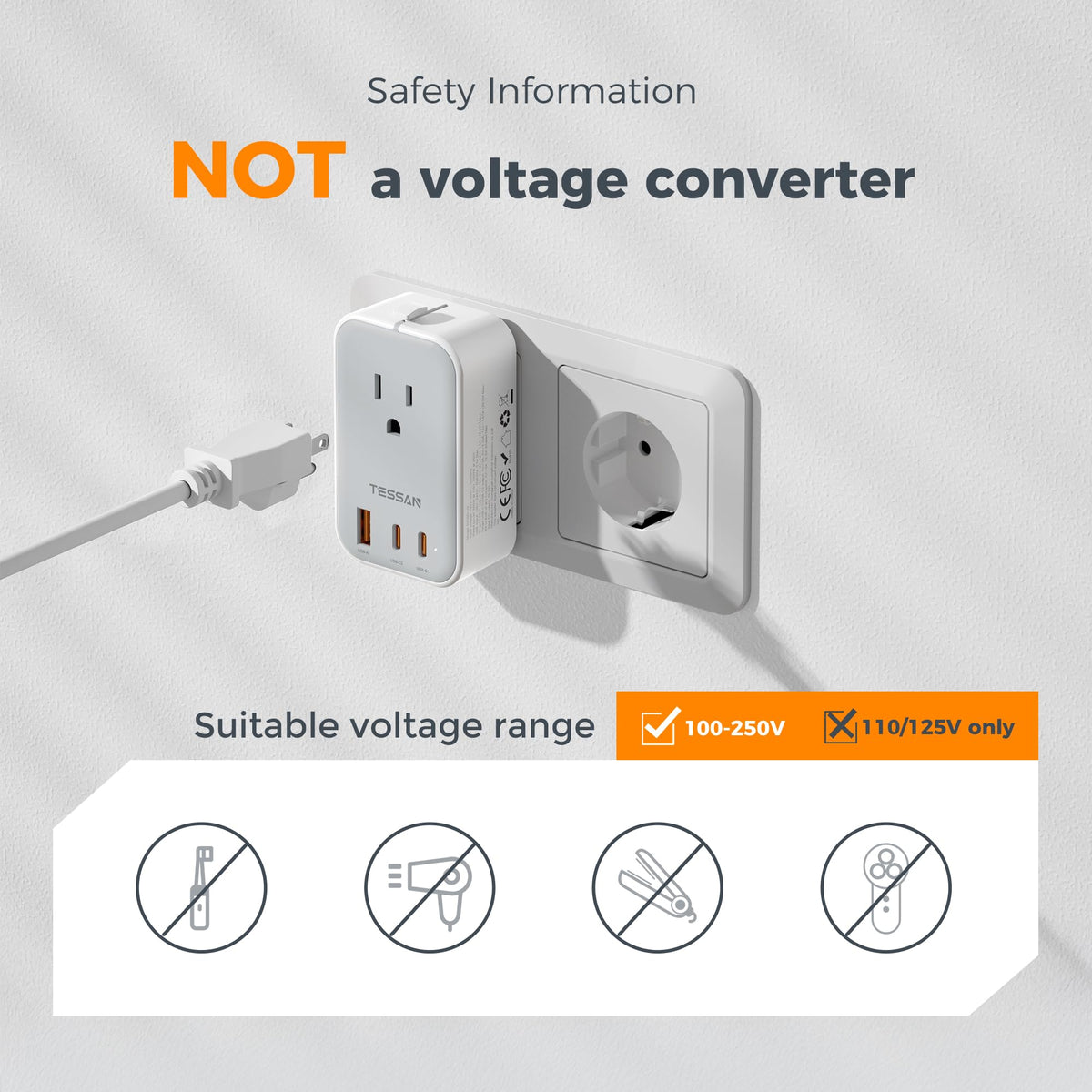 TESSAN adapter compatible with Type C/G/A/I for global use.