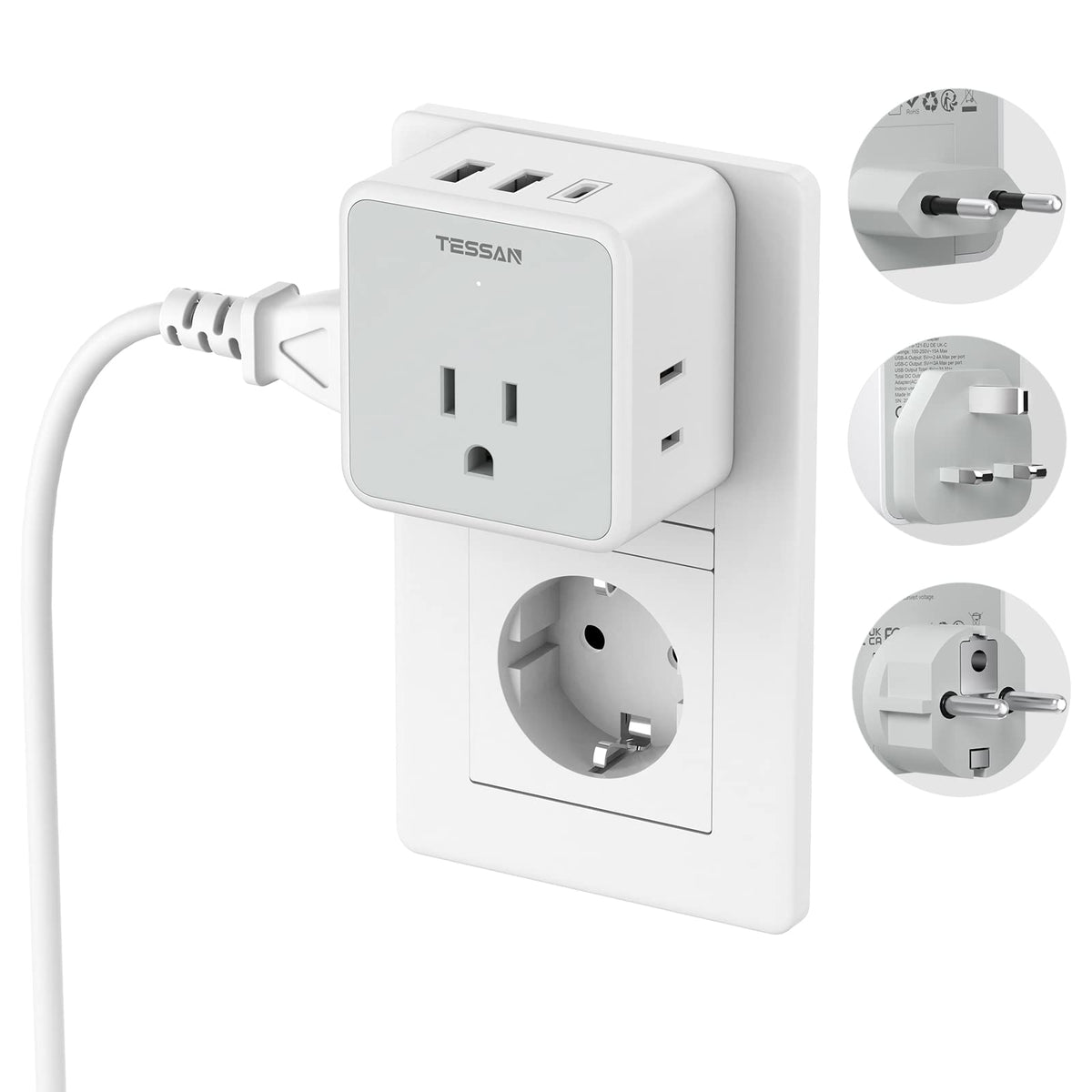 TESSAN travel plug kit showing 3 outlets for global charging flexibility.